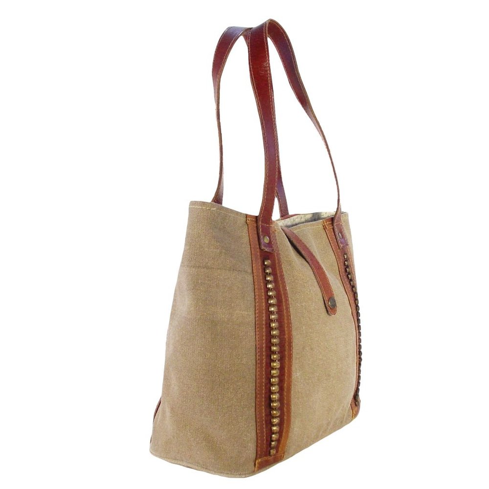 MONA B Upcycled Recycled Canvas and Leather Studded Tote Bag - Picture 2 of 11